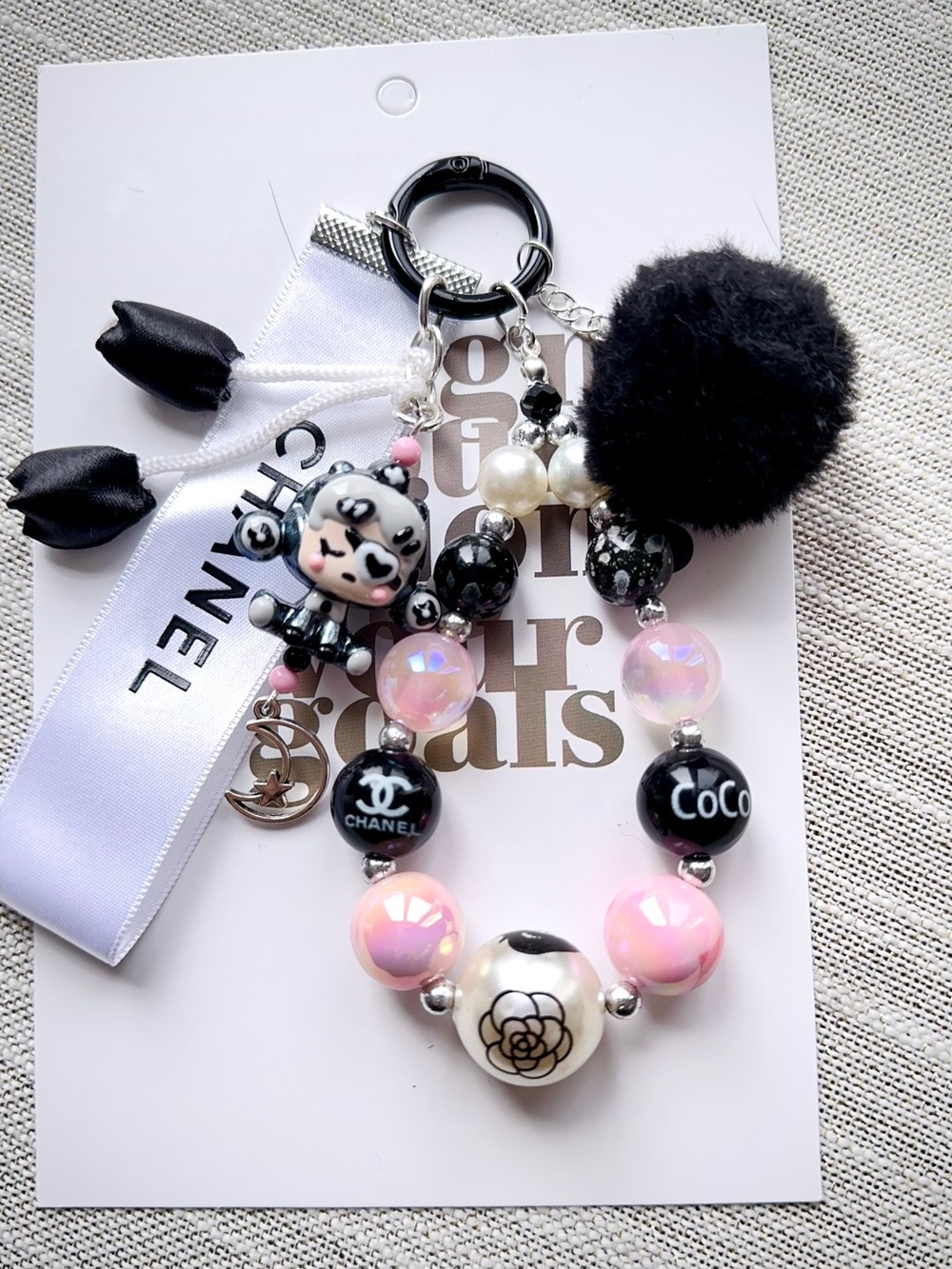 Authentic Chanel Ribbon with Unbranded Black & Pink Pom Pom Beaded Keychain